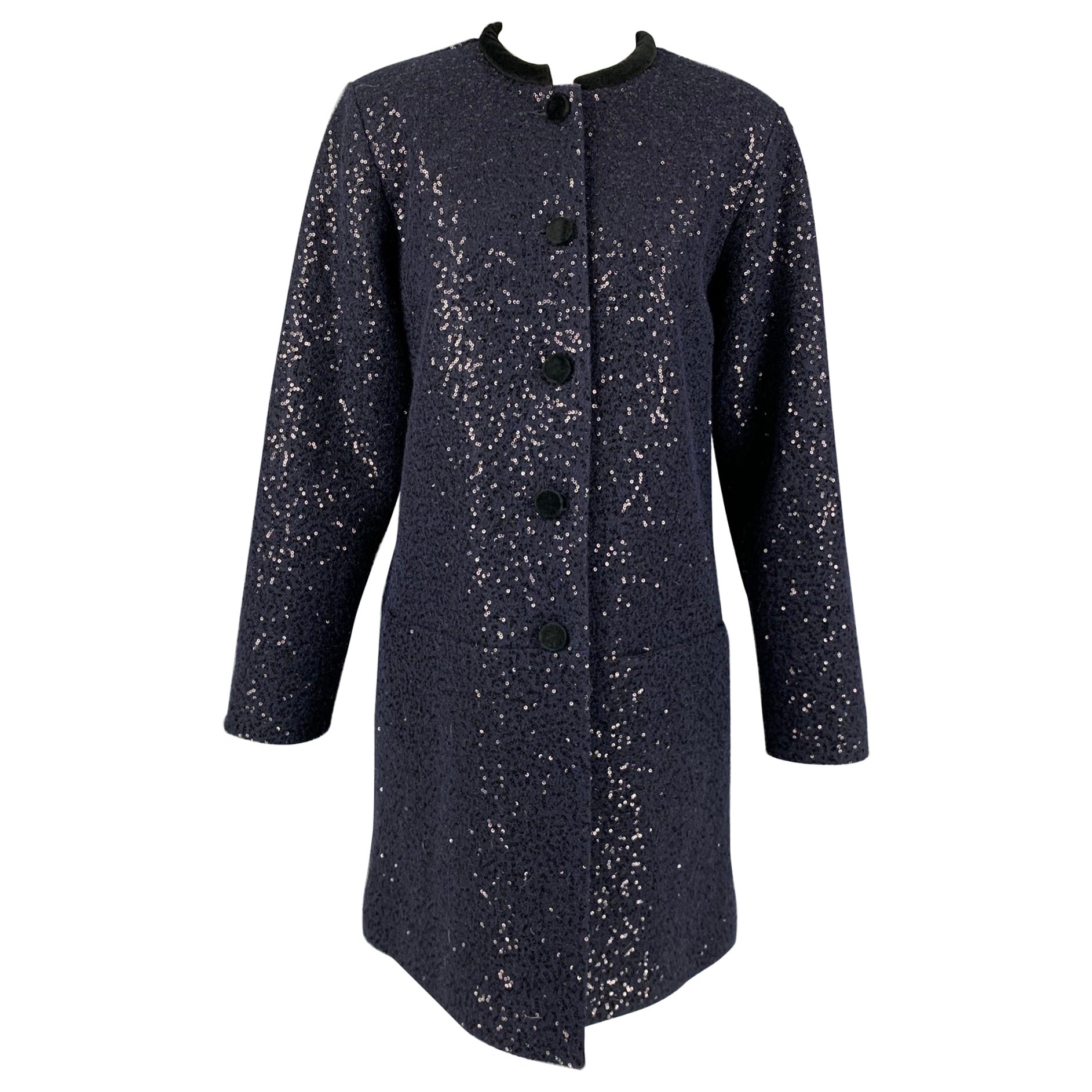 AGNÈS B. Size M Navy Sequined Collarless Coat For Sale at 1stDibs