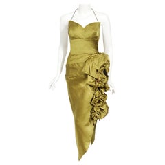 Vintage 1940s Chartreuse Silk Halter Asymmetric Ruched Hourglass High-Slit Dress