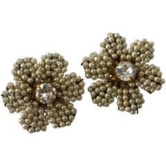 1950s MIRIAM HASKELL Classic Seed Pearl and Rhinestone Flower Clip-on Earrings