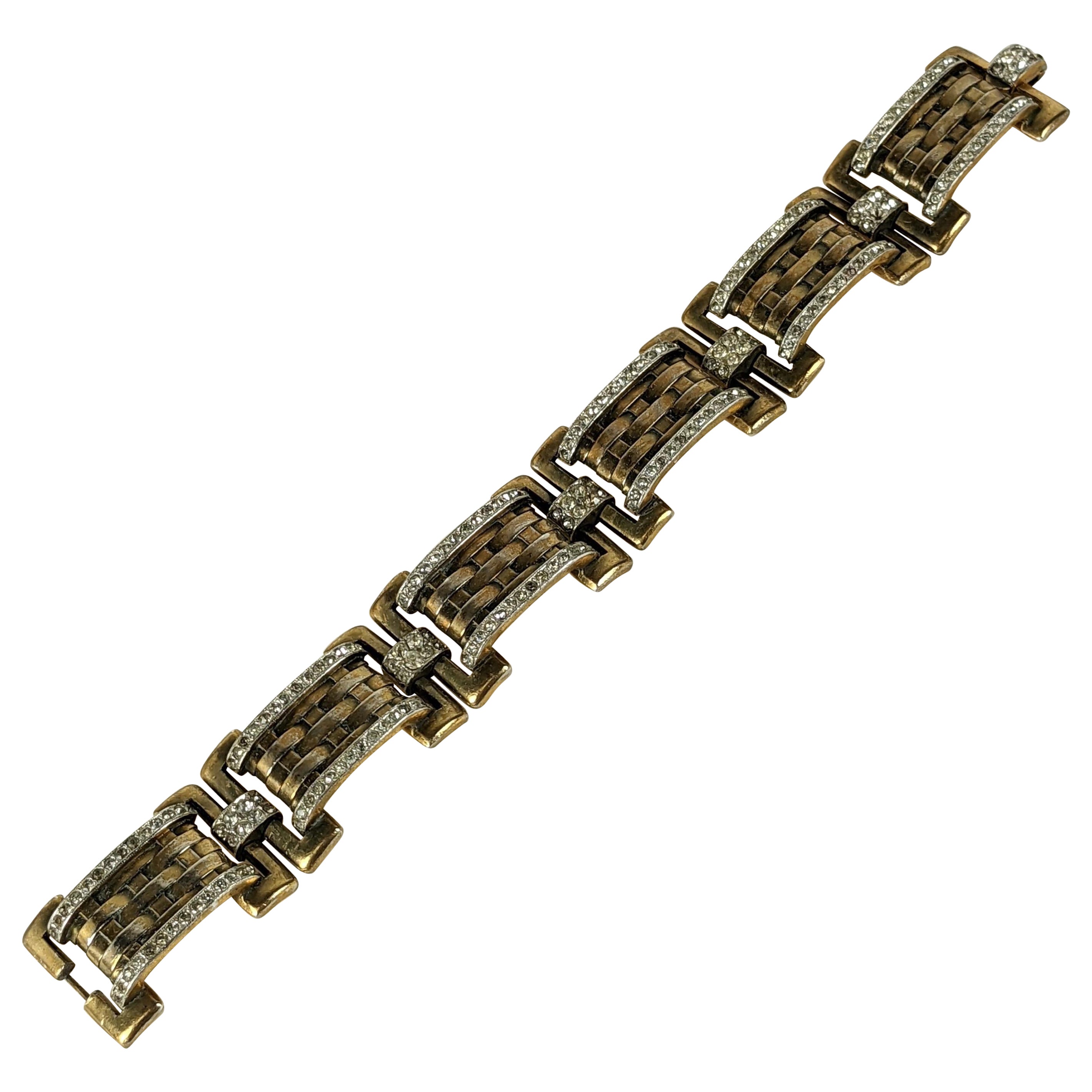 Trifari Green Gold Woven and Pave Link Bracelet
