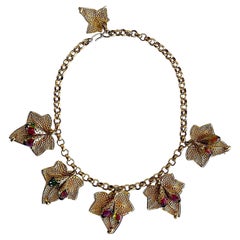 Vintage 1980s Gold & Crystal Ivy Leaf Pendant Statement Necklace