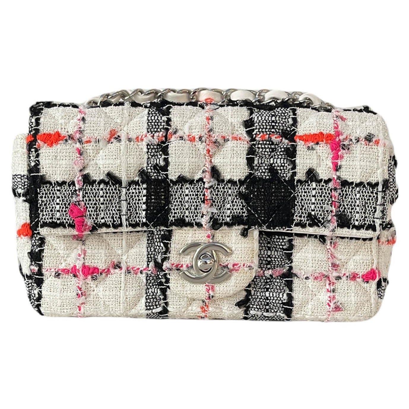 Chanel Like New 2021 White/Black/Neon Tweed Rectangular Mini Flap Crossbody  Bag At 1Stdibs