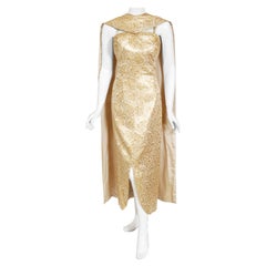 Vintage 1960's Metallic Gold Brocade Detachable-Trains Hourglass Goddess Dress