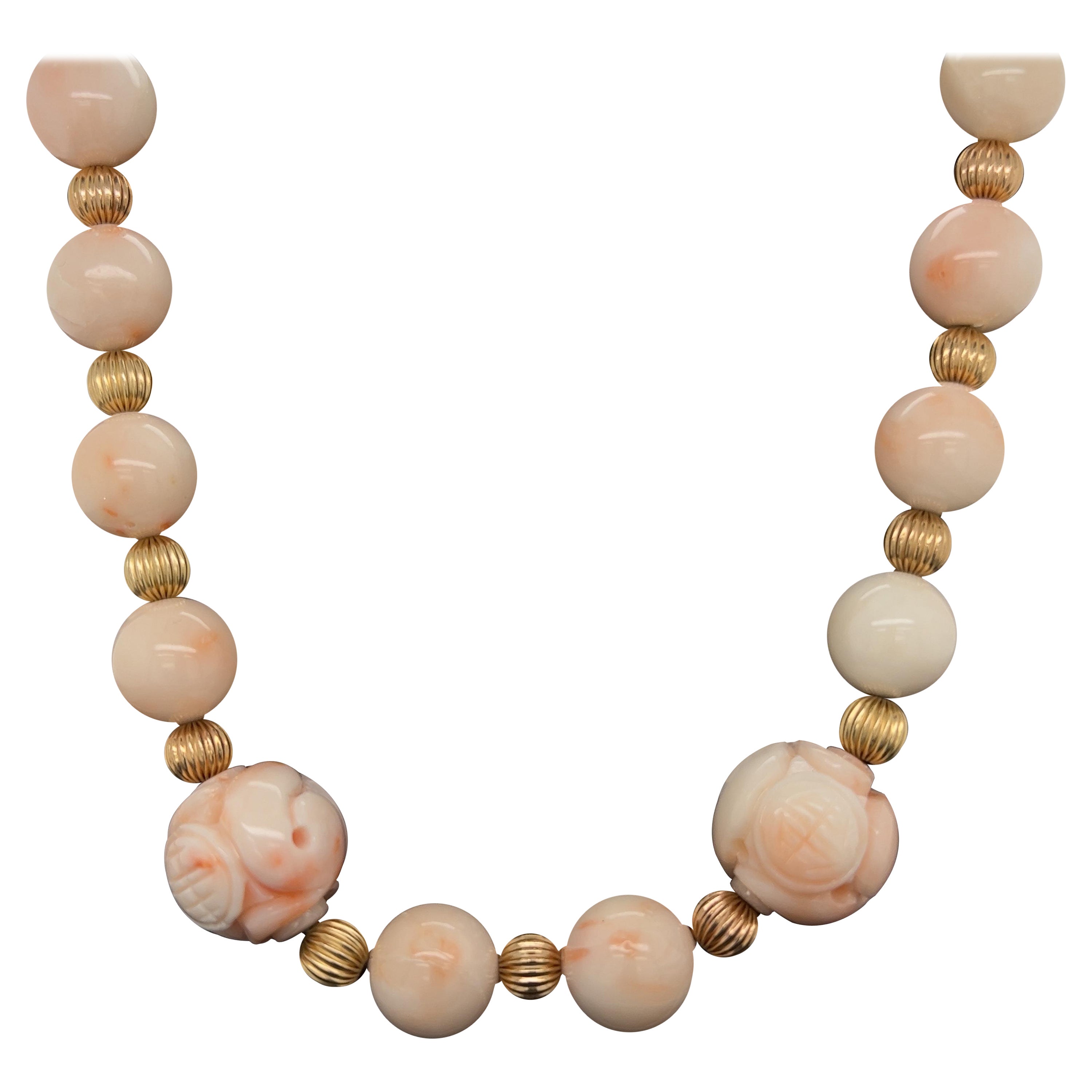 Angelskin Coral Carved and Bead Gold Necklace  For Sale