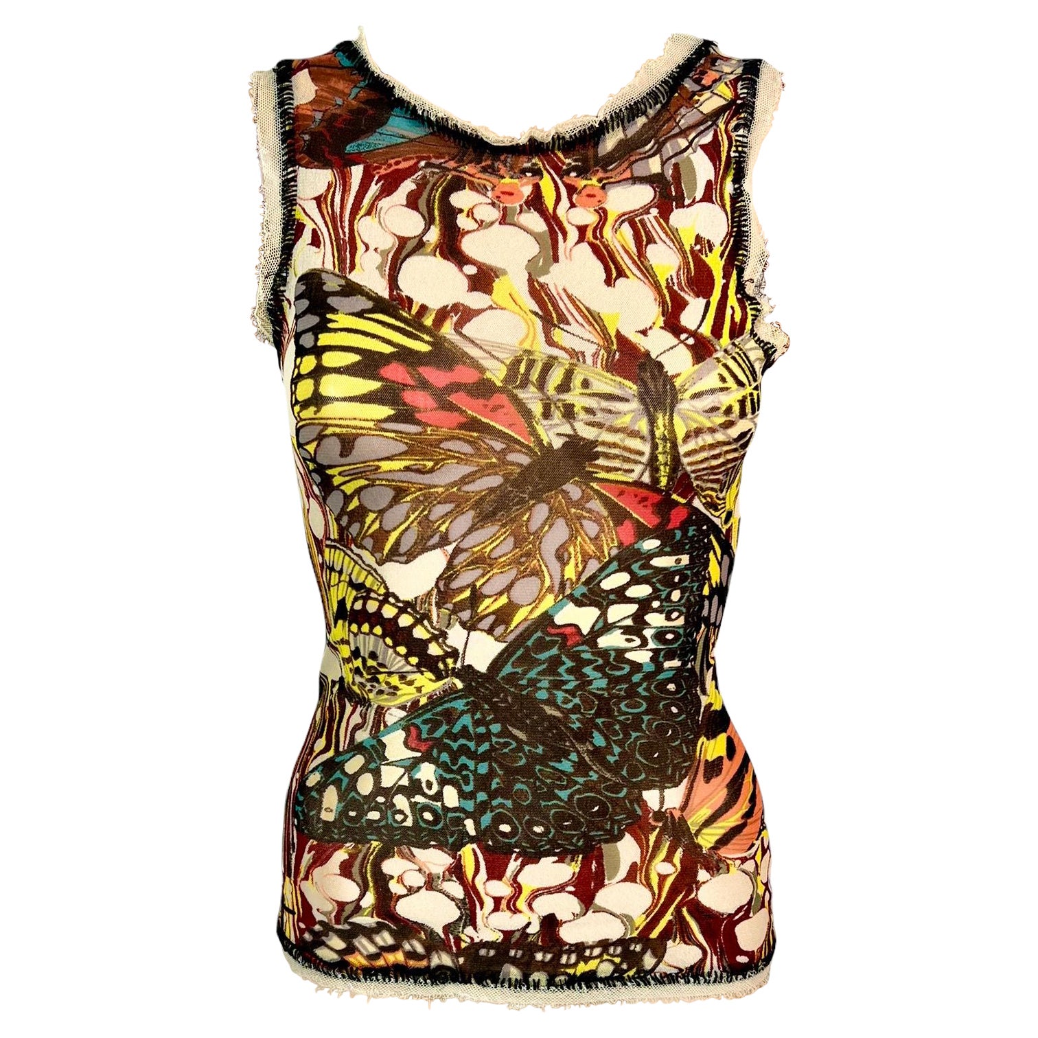 Jean Paul Gaultier S/S 2003 Butterfly Print Semi-Sheer Mesh Top