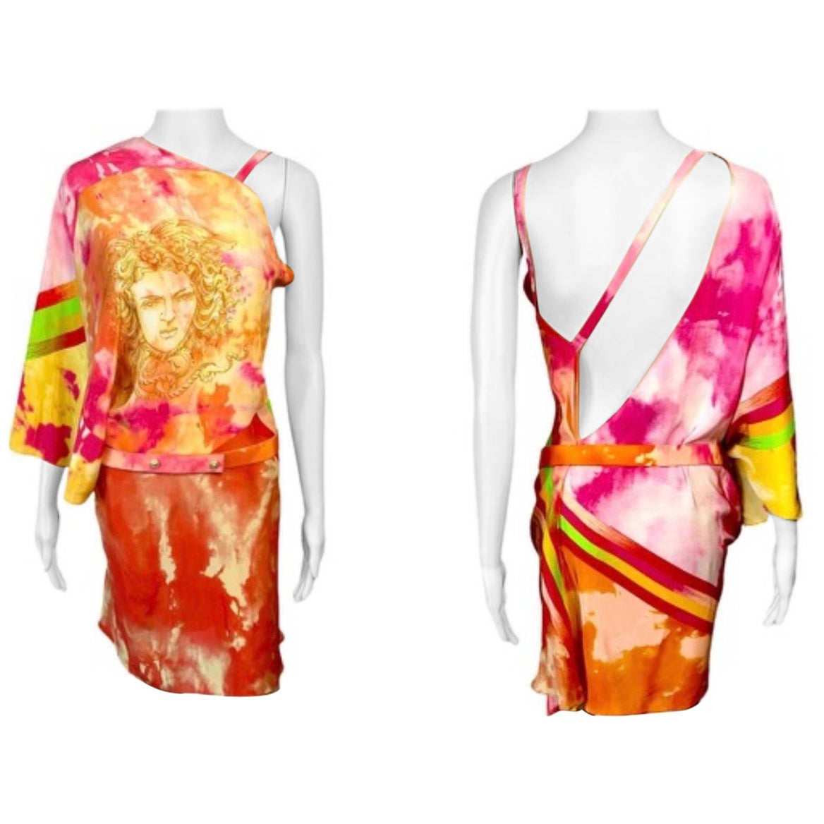 Versace - Robe courte ceinturée avec découpes dans le dos et imprimé Méduse tie-dye, issue d'un défilé printemps-été 2013 en vente