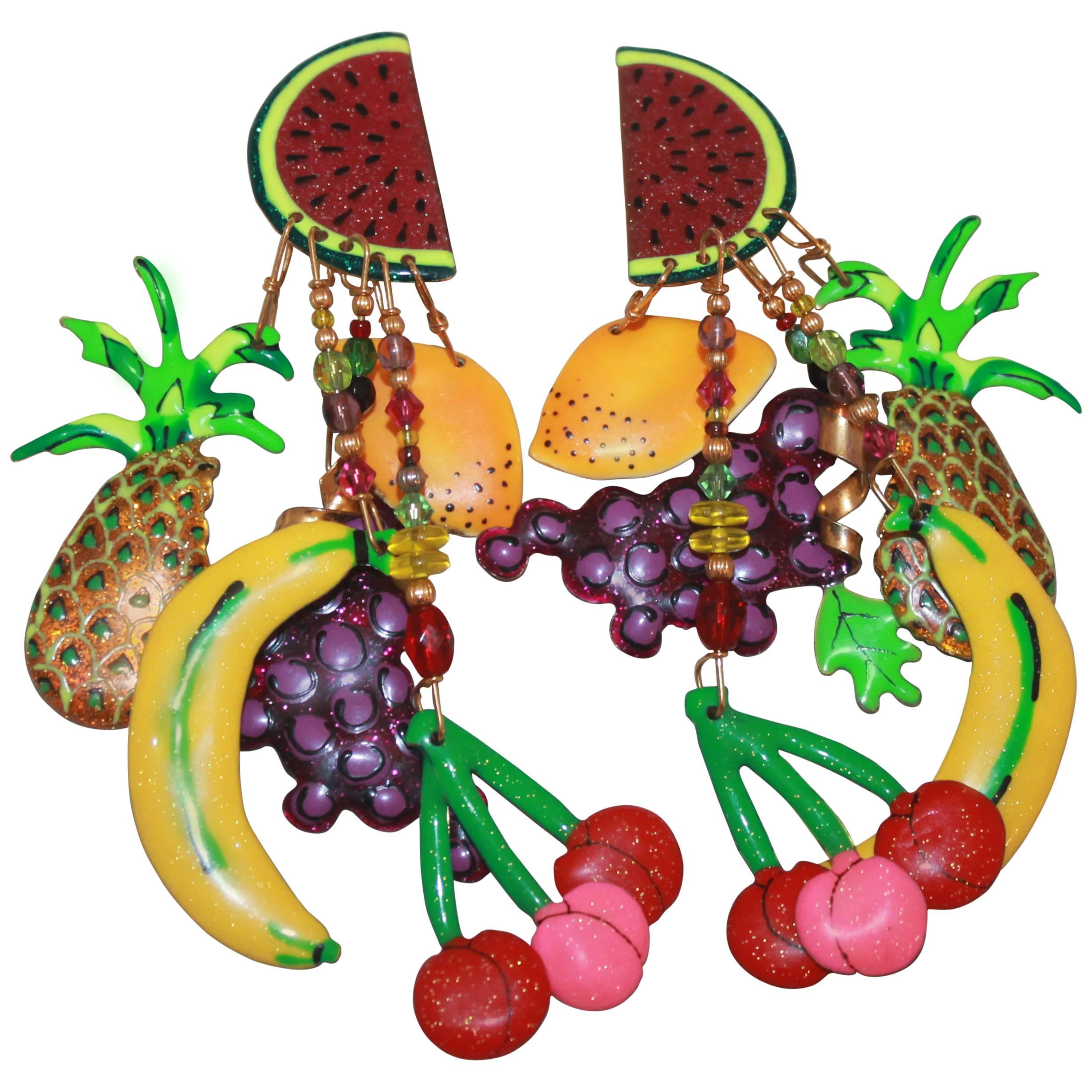 Lunch at the Ritz Multi-Colored Fruit Themed Dangle Clip-On Earrings-Circa 1990s