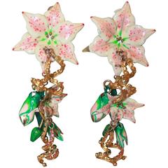 Vintage Lunch at the Ritz Pink, White & Green Floral Drop Clip-On earrings -Circa 1990's