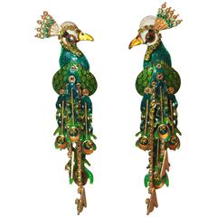 Vintage Lunch at the Ritz Green Peacock Dangle Clip-On Earrings - Circa 1990
s