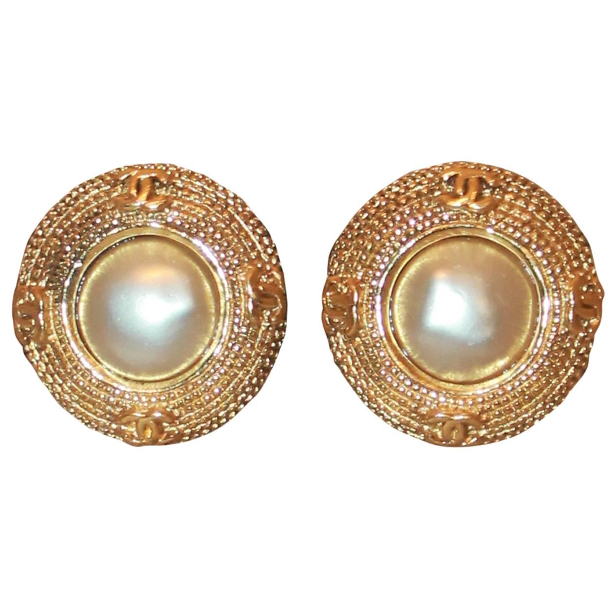 Chanel Textured Goldtone Round Clip-On Earrings w/ Pearl & 4 CC's - Circa 1989