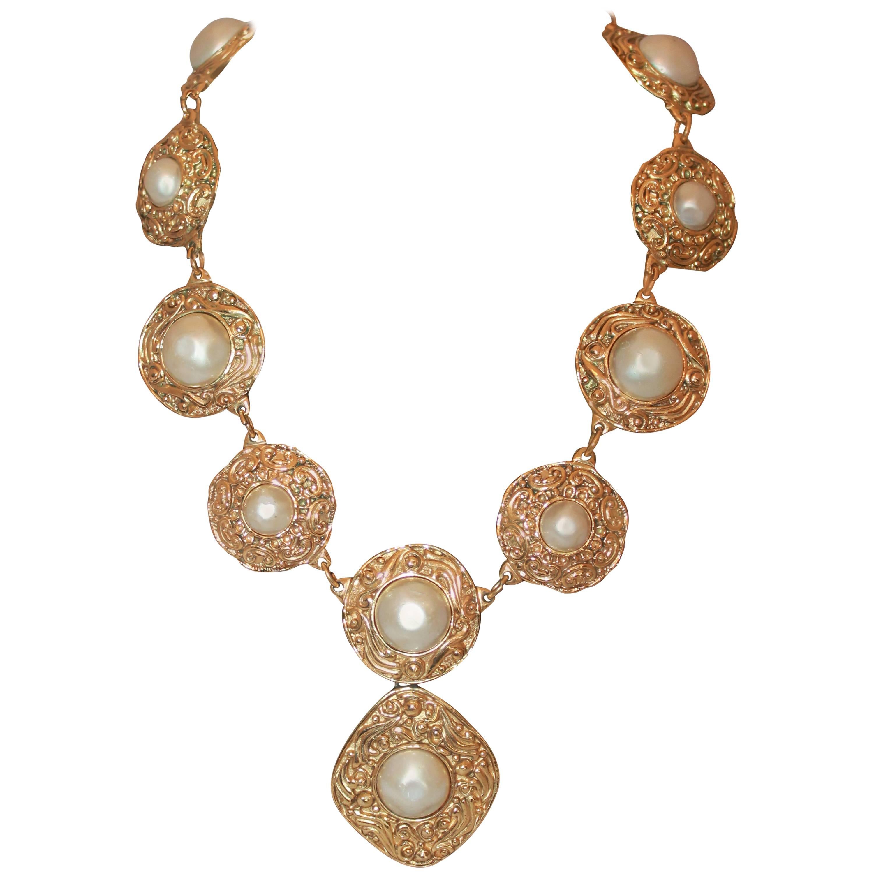 Chanel 1970's Byzantine Goldtone & Pearl Medallion Necklace