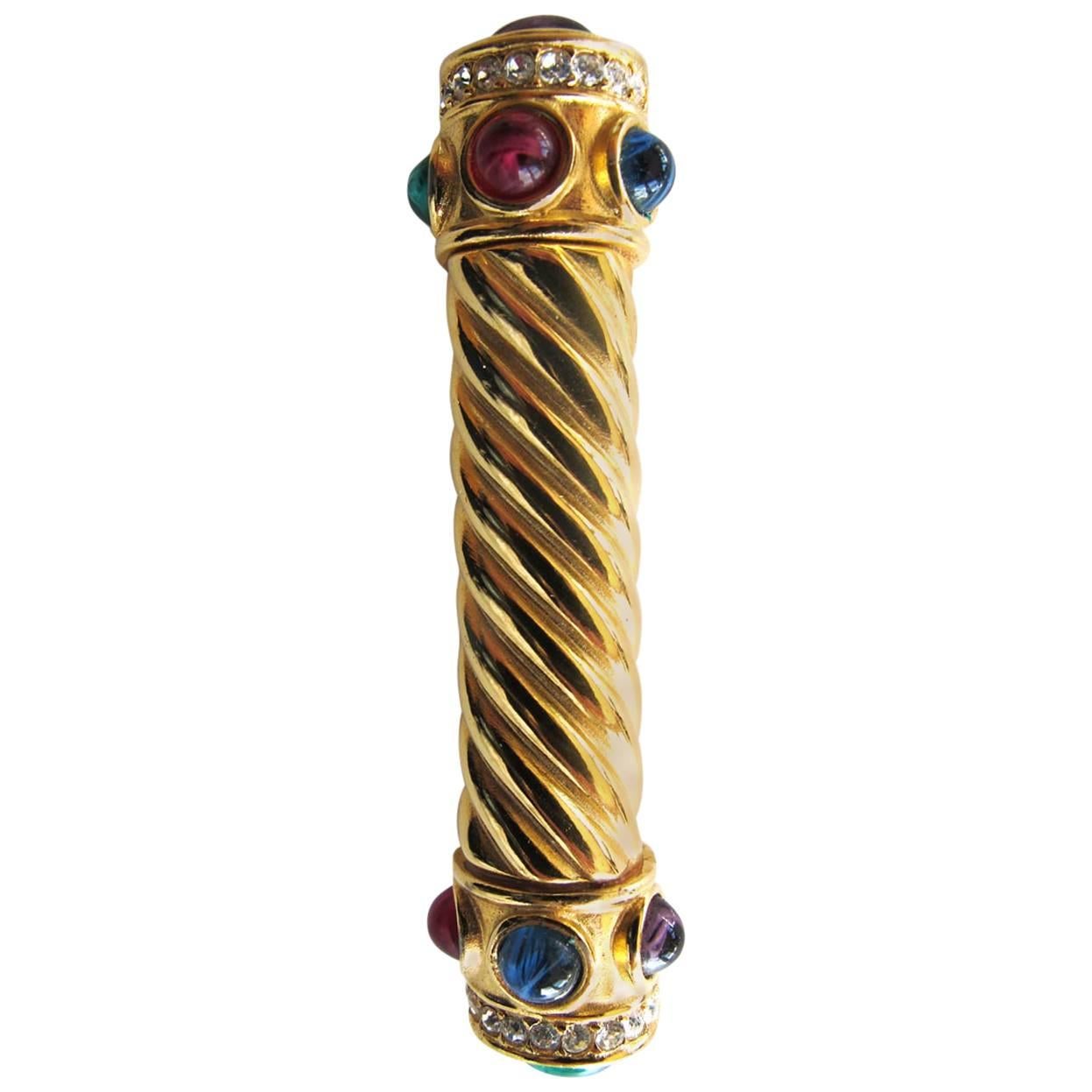 Givenchy Gold-Tone Brooch with Faux Ruby and Sapphire Stones For Sale