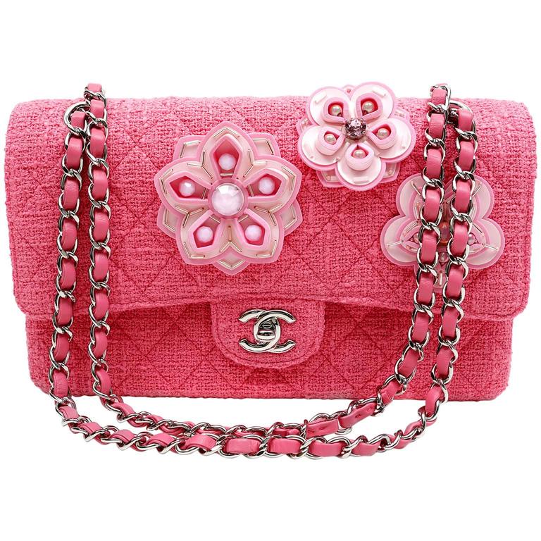 Chanel Pink Camellia Flower Tweed Double Flap Classic at 1stDibs