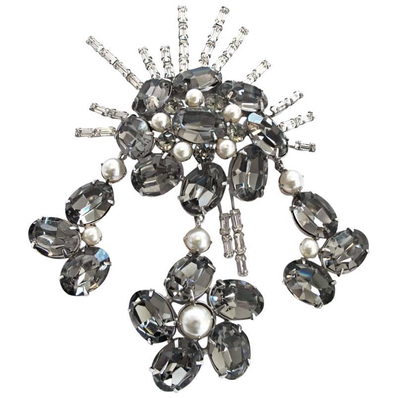 Vintage 1960's Crystal and Faux Pearl Oversized Brooch  For Sale