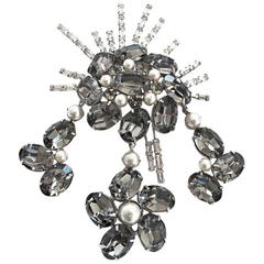Vintage 1960's Crystal and Faux Pearl Oversized Brooch 