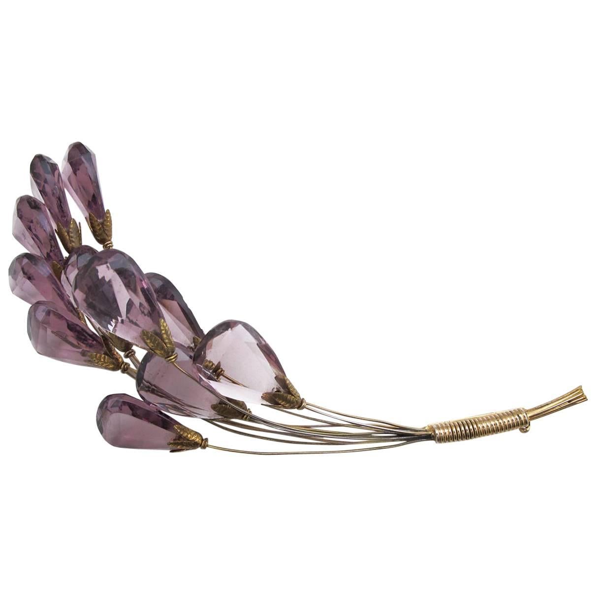1940's Amethyst Colored Glass Floral Bouquet Brooch For Sale