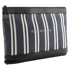 Balenciaga Navy Zip Pouch Striped Canvas and Leather Large Black, Blue, Neutral