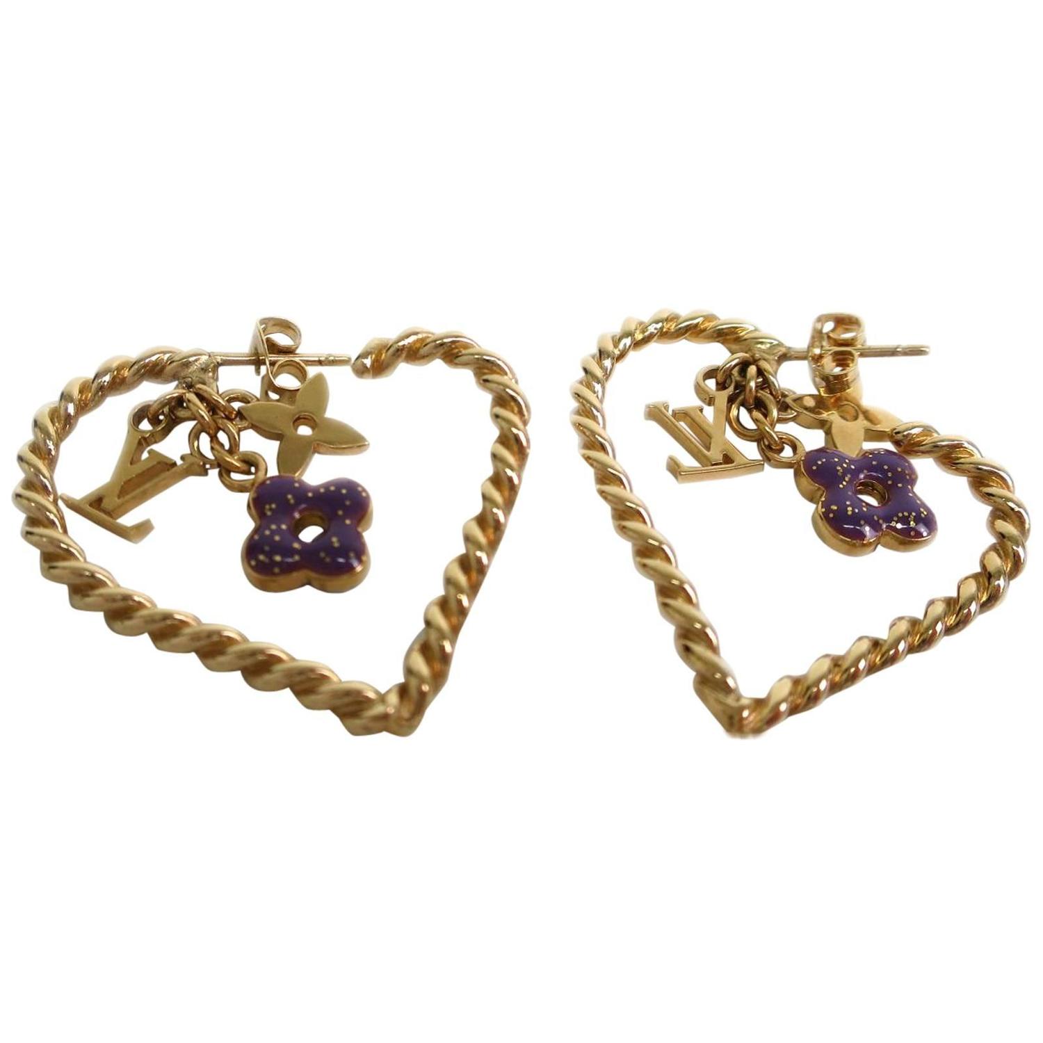 Louis Vuitton Gold Rope Enamel Logo LV Purple Flower Motif Charm Hoop Earrings For Sale at 1stdibs