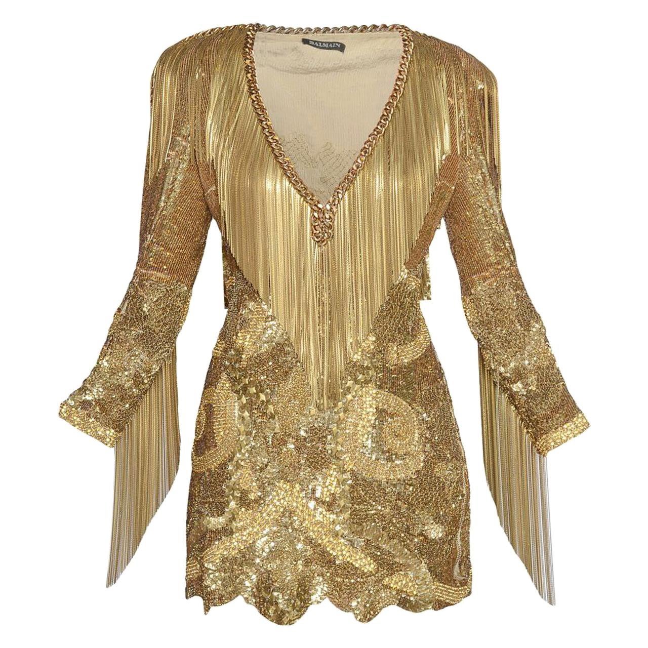 2010 Balmain Fully Beaded and Fringed Gold Dress from Celebrity Closet For  Sale at 1stDibs | gold fringe dress