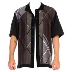 1990S Black & Grey Poly/Rayon Knit Rat Pack Style Mens Shirt