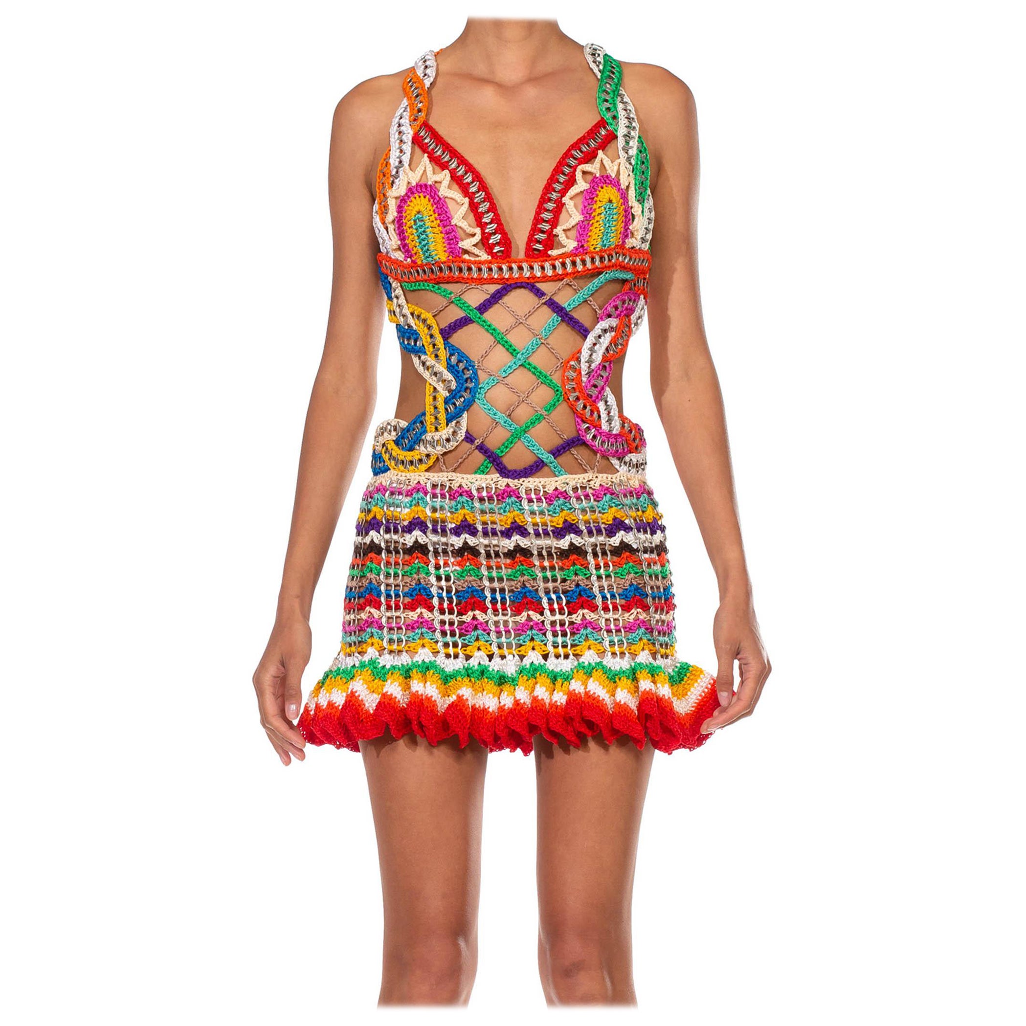 MORPHEW COLLECTION Rainbow Nylon &Metal Handmade Crocheted Dress For Sale
