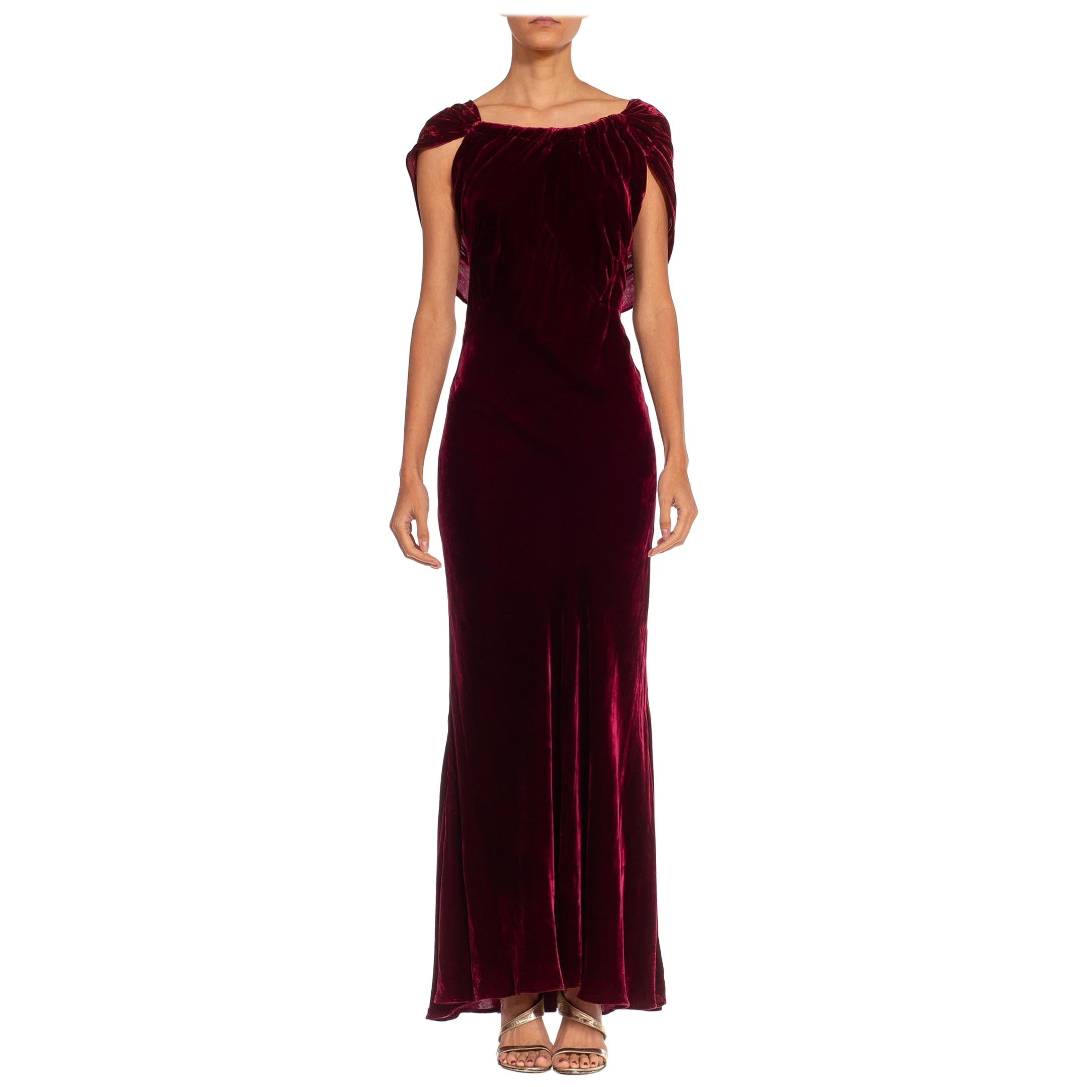 1940S Burgundy Silk Velvet Bias Cut Gown