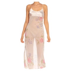 1990S White & Pink Polyester Satin Bodice And Sheer Chiffon Floral Bias Cut Slip
