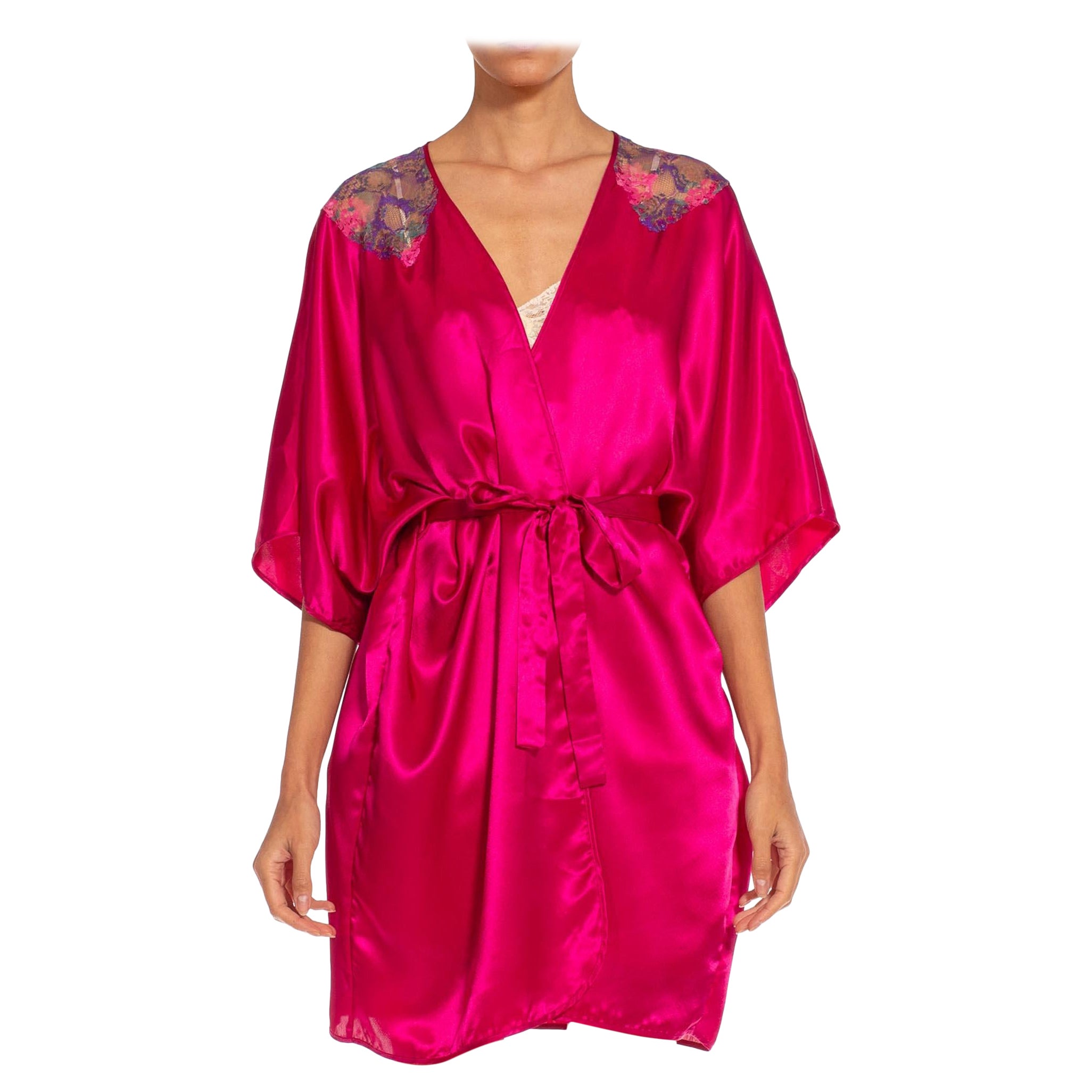 1980S Magenta Polyester Satin Lace Shoulder Trim Robe For Sale