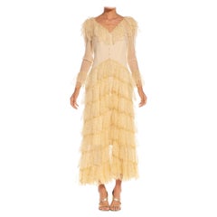 1970S STAVROPOULOS Cream & Gold Silk Chiffon Corded Lace Tiered Skirt Duster Dre