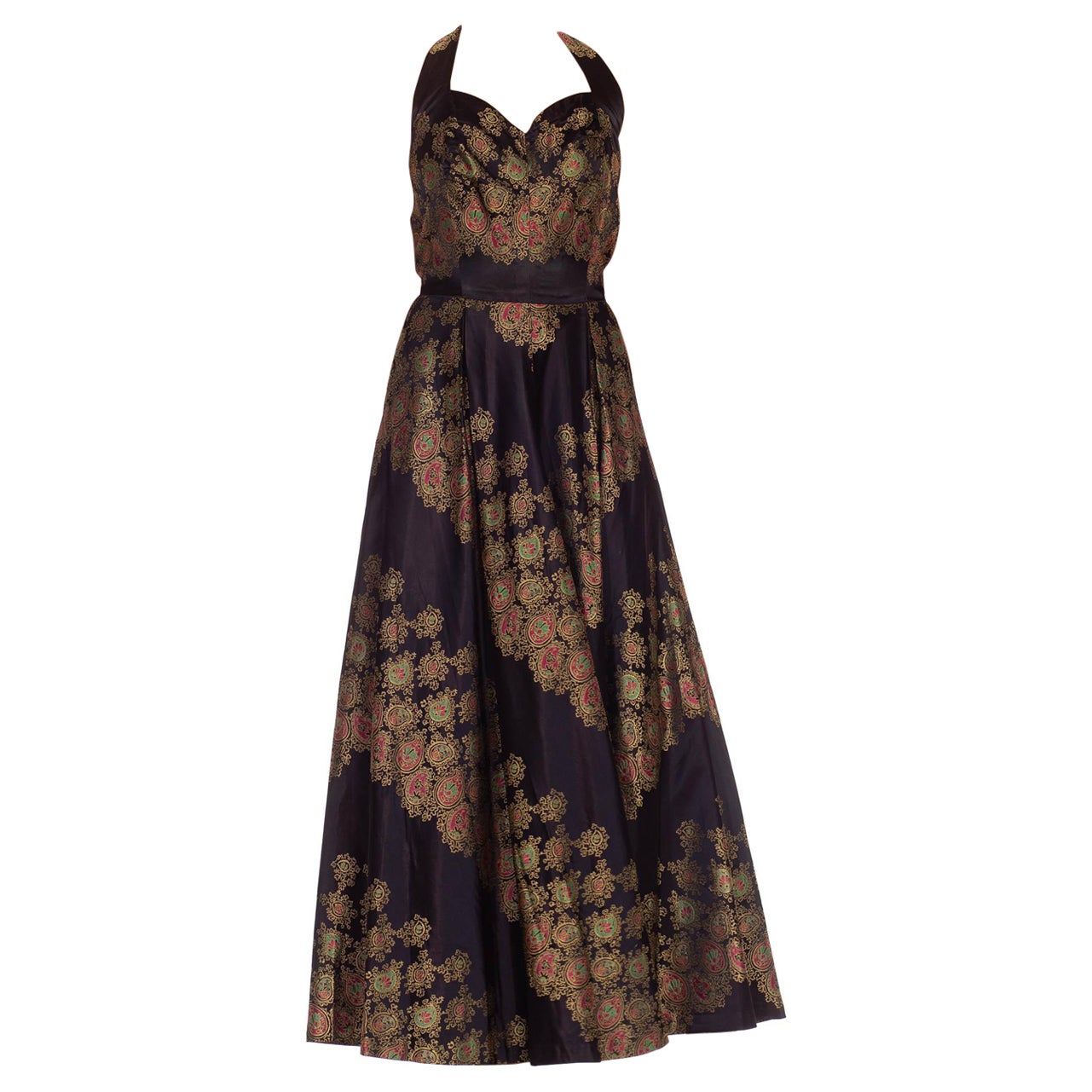 1940S Robe Demi-Couture française en satin de soie damassé noir et or en vente