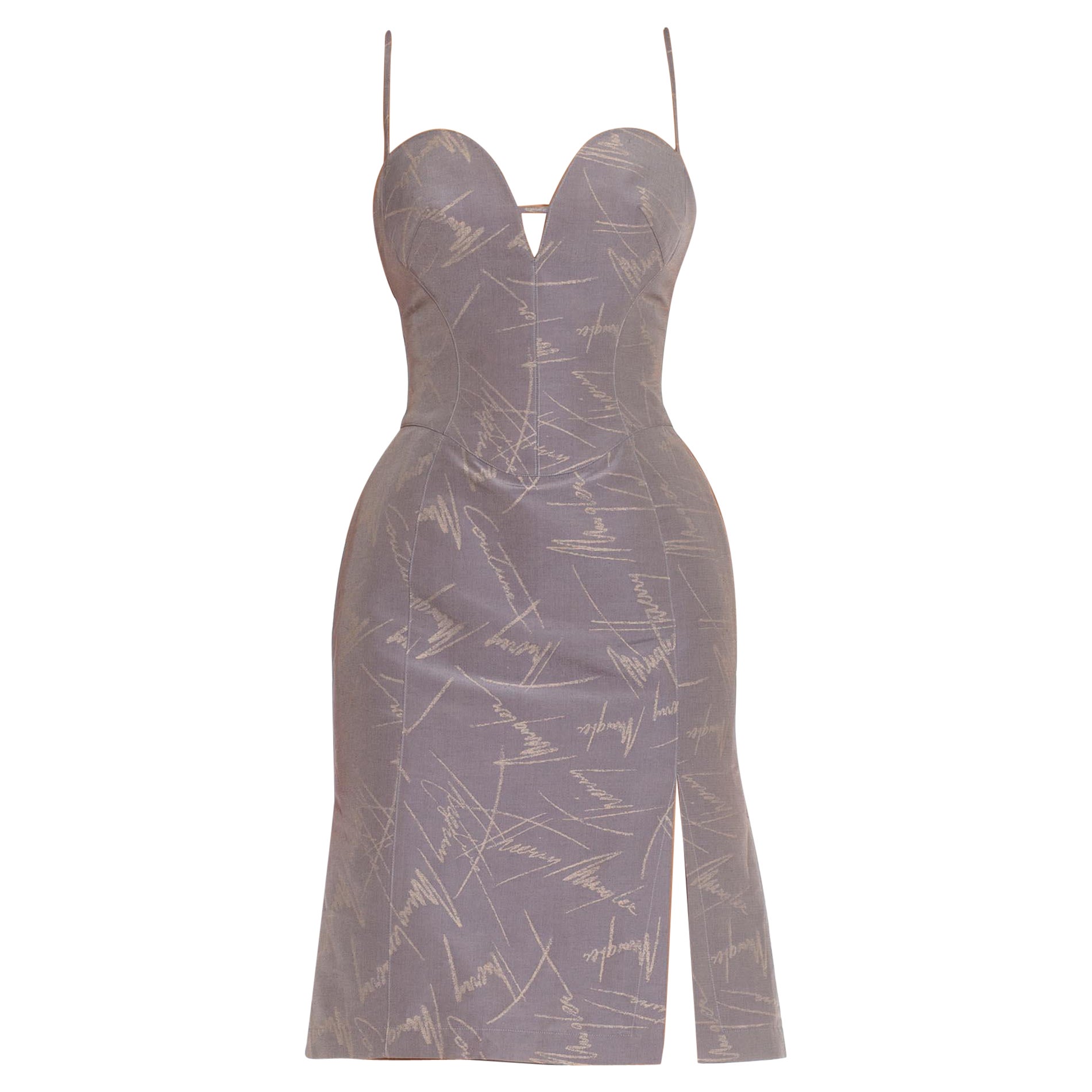 1990S THIERRY MUGLER Grey Blue Cotton Blend Printed Cocktail Dress For Sale