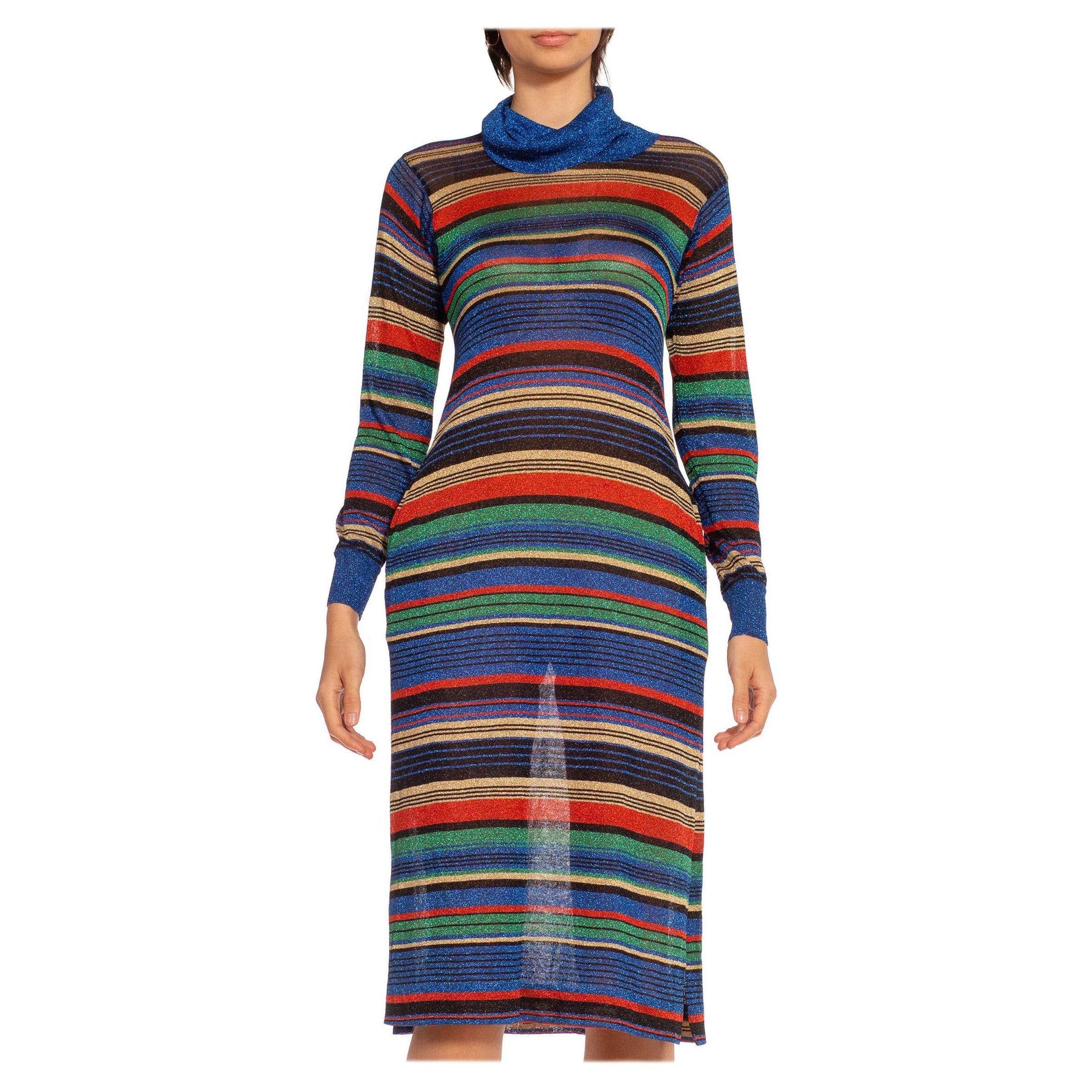 1970S Blue Red & Yellow Lurex Knit Striped Turtle Neck Dress For Sale