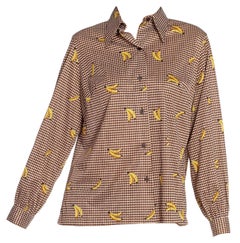 Vintage 1970S Brown White & Yellow Nylon Tiny Chevron Banana Printed Disco Shirt
