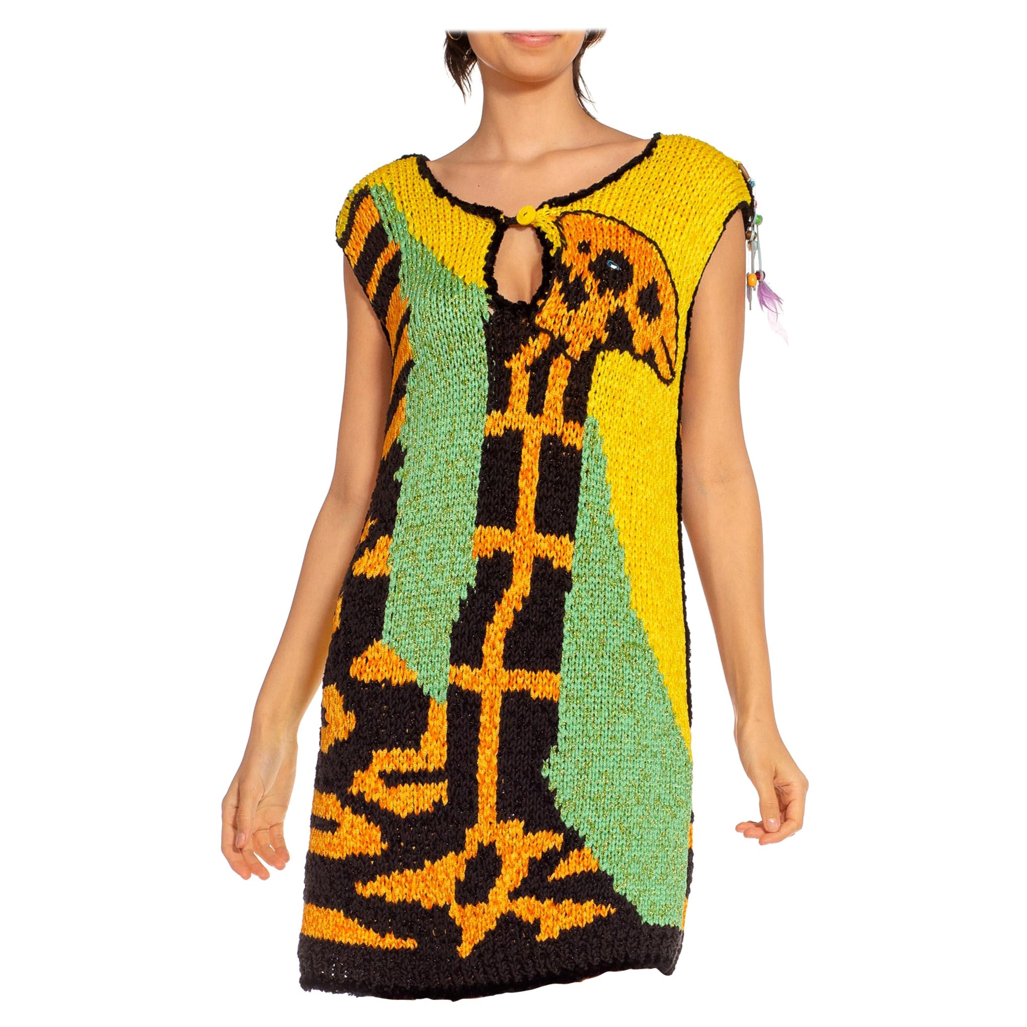1970S COLETTE NIVELLE Yellow Orange & Blue Nylon Hand Knit Giraffe Dress For Sale