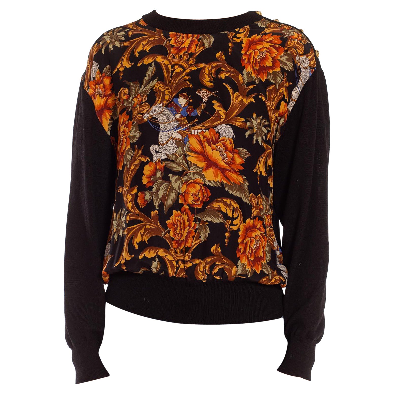 1990S SALVATORE FERRAGAMO Black & Gold Silk Knit Baroque Printed Sweater For Sale