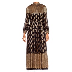 1960S Black & Gold Silk Chiffon Lamé Geometric Gown