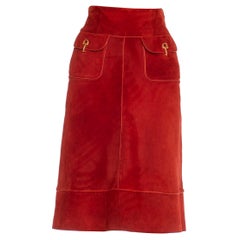 1990S GUCCI Burgundy & Gold Suede Midi Buckle Skirt