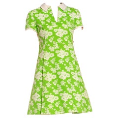 1960S MALCOLM STARR Green & White Cotton Matelassé Dress With Hoodie Style Pocke