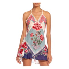 MORPHEW COLLECTION Light Blue & Pink Cotton Floral Dress Made From Vintage 1940S
