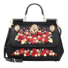 Dolce & Gabbana leather Sicily medium black with sacred hearts and roses 