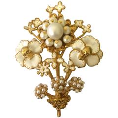 Alexander McQueen Large Pin Brooch Gold Tone Floral Skull Faux Pearl Rhinestone