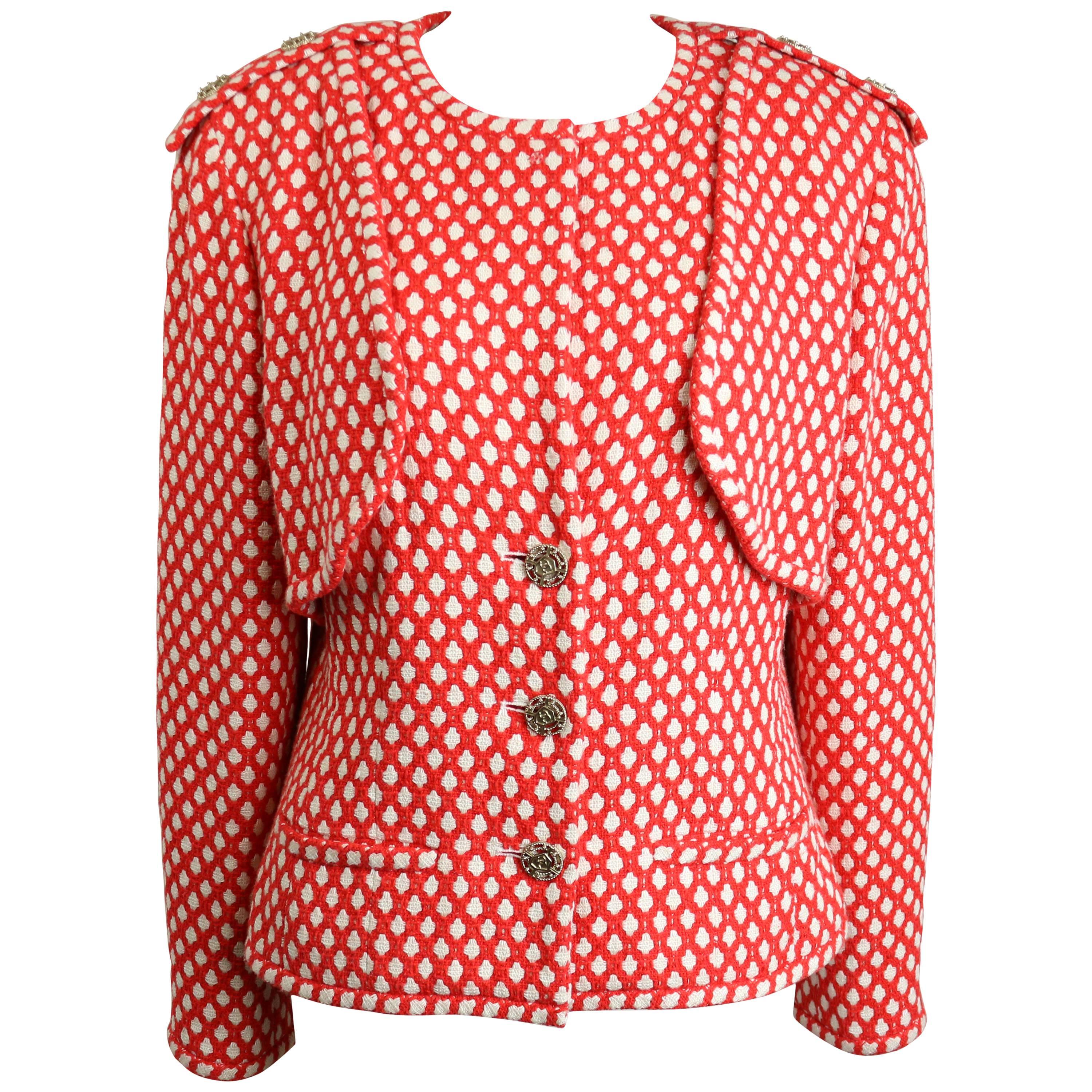 2008 Chanel Classic Red/White Polka Dot Tweed Jacket. 