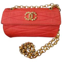 Vintage CHANEL red orange silk 2.55 chain shoulder bag with faux pearls