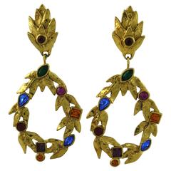Yves Saint Laurent YSL Vintage Gold Toned Laurel and Crystal Dangling Earrings 5