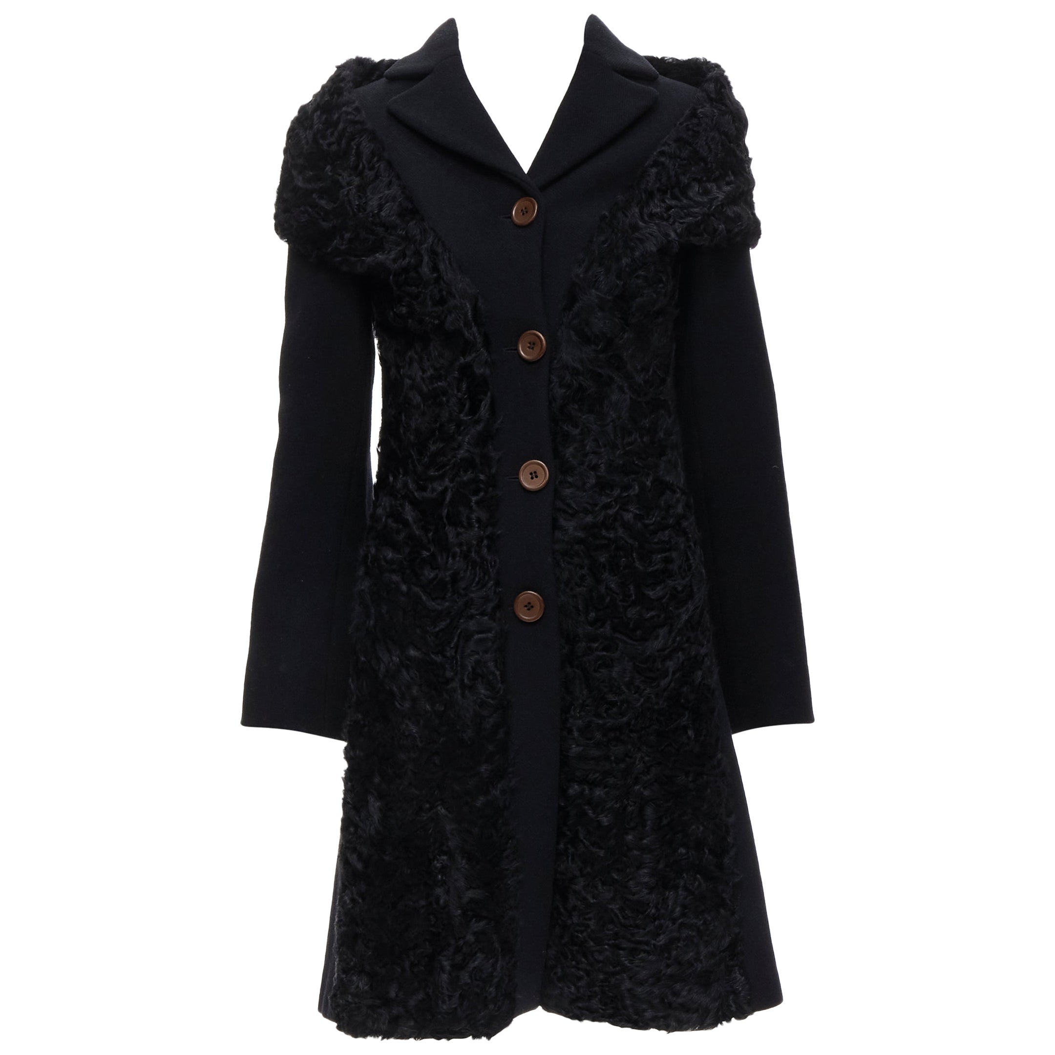 MIU MIU black shearling attached fur shawl long wool coat IT38 XS