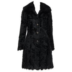 D&G DOLCE GABBANA black goat fur fox collar scalloped floral lined coat IT38 XS
