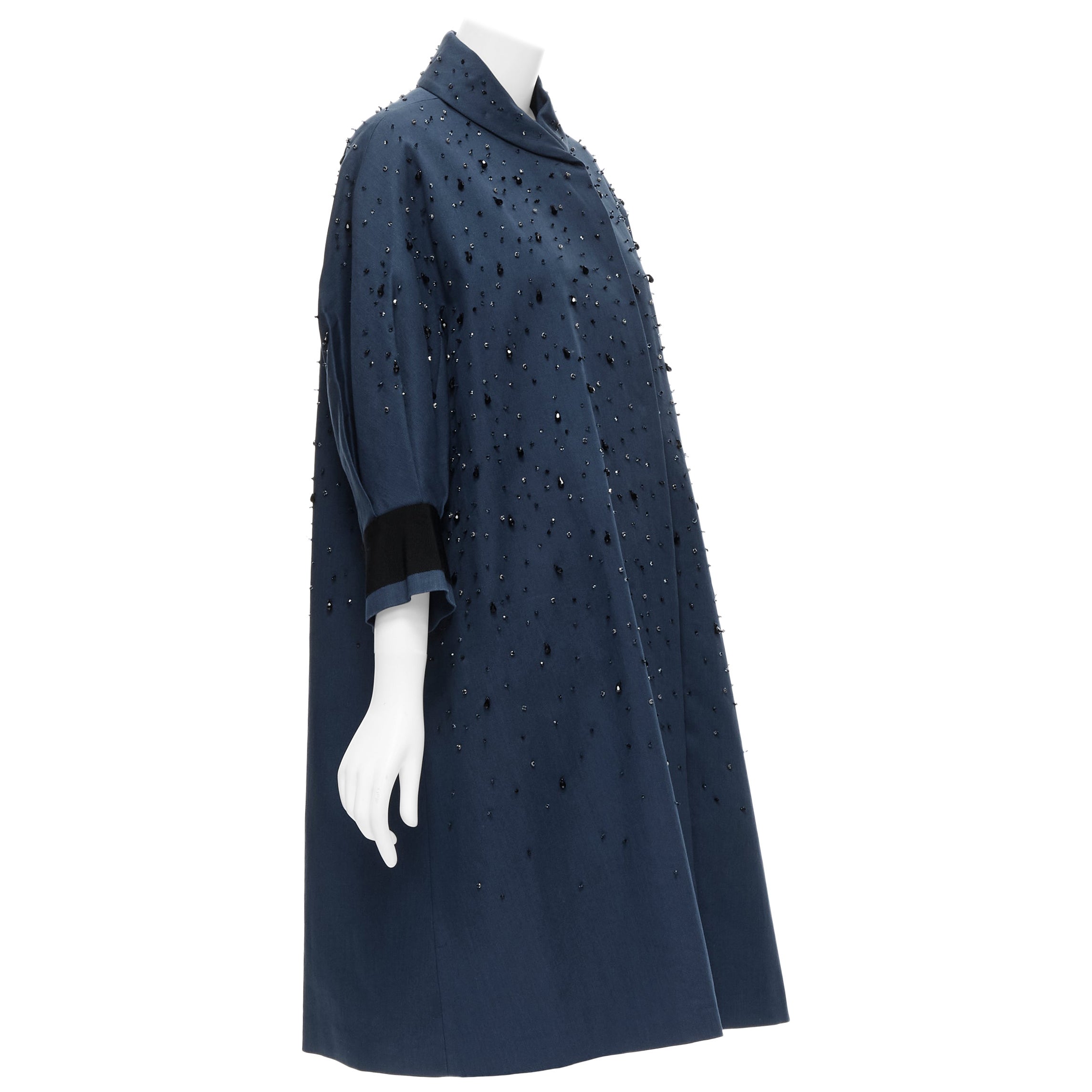 runway PRADA 2015 blue cotton crystal rhinestone embellished cocoon coat IT38 XS For Sale