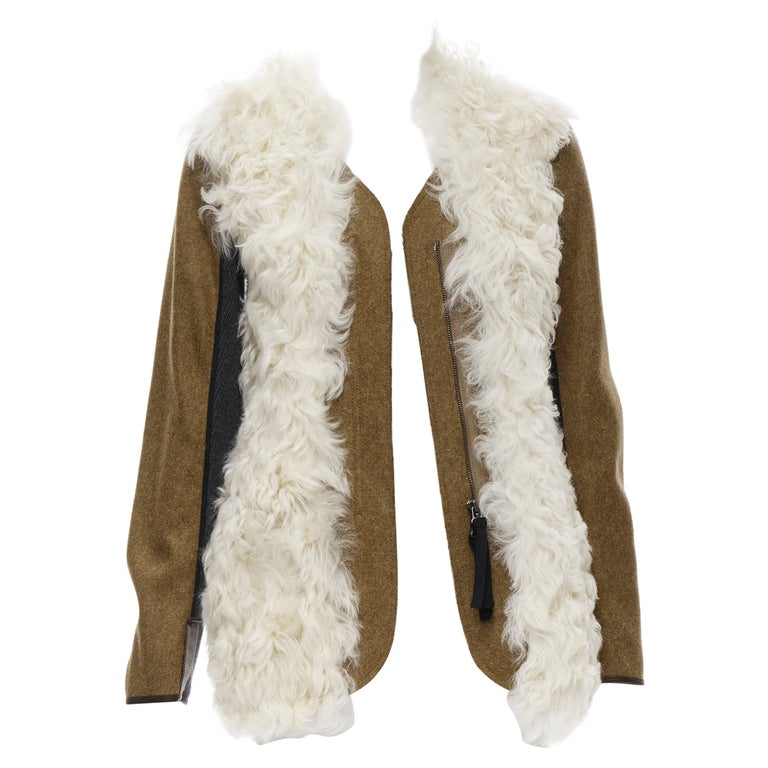 MARNI 2011 cream lamb shearling fur brown wool sleeves winter coat IT38 XS  For Sale at 1stDibs