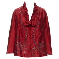 SHIATZY CHEN red silk floral bead embroidery cropped cocoon jacket IT40 S