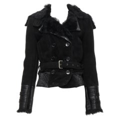 PATRIZIA PEPE black suede full fur lined belted biker jacket IT40 S